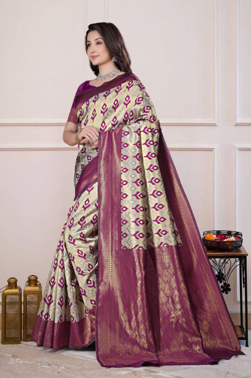 Banarasi Saree(Cream & Rani Pink)