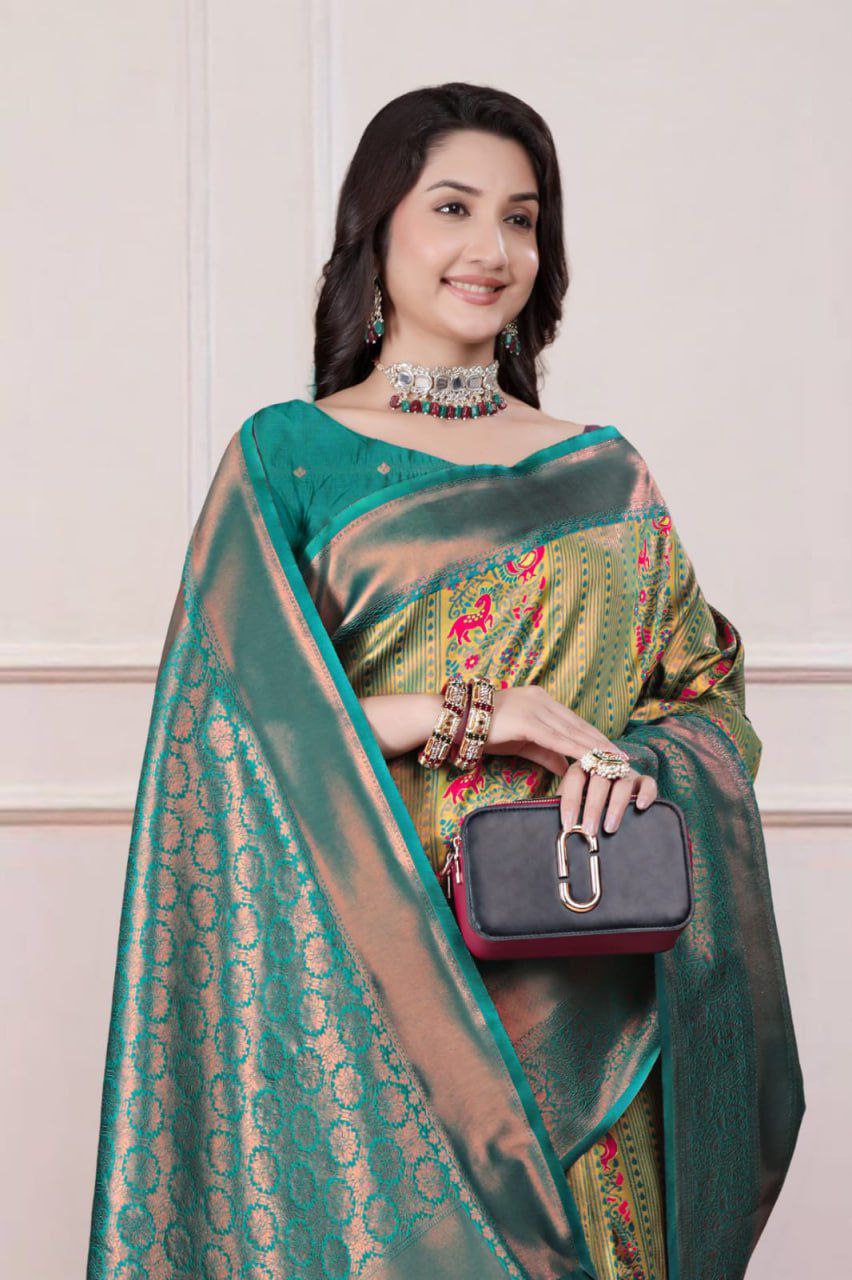 Kanchipuram Silk Saree (Mustard Yellow & Aqua Green)