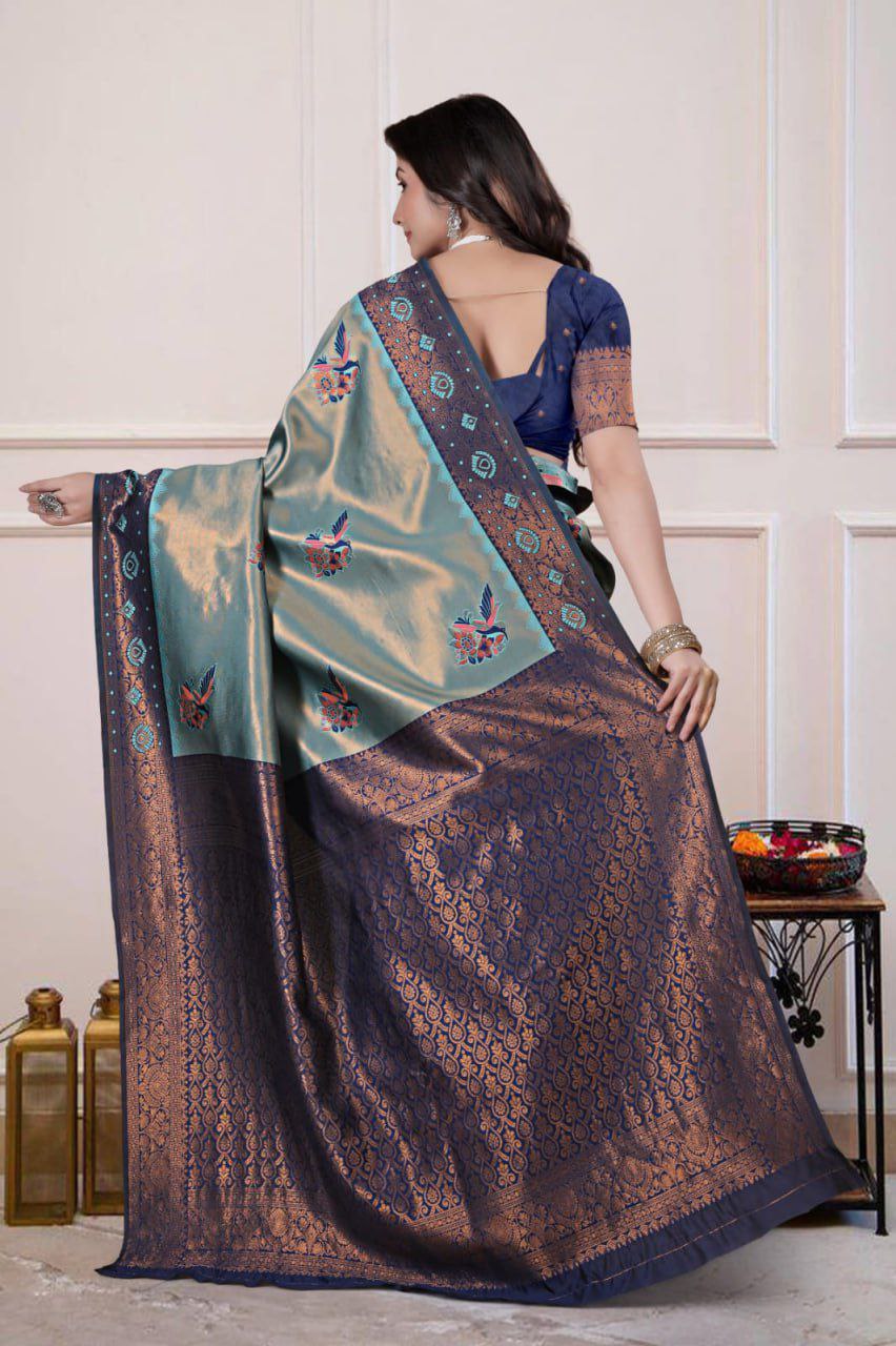 Banarasi Silk Saree(Teal Green & Nevy blue)